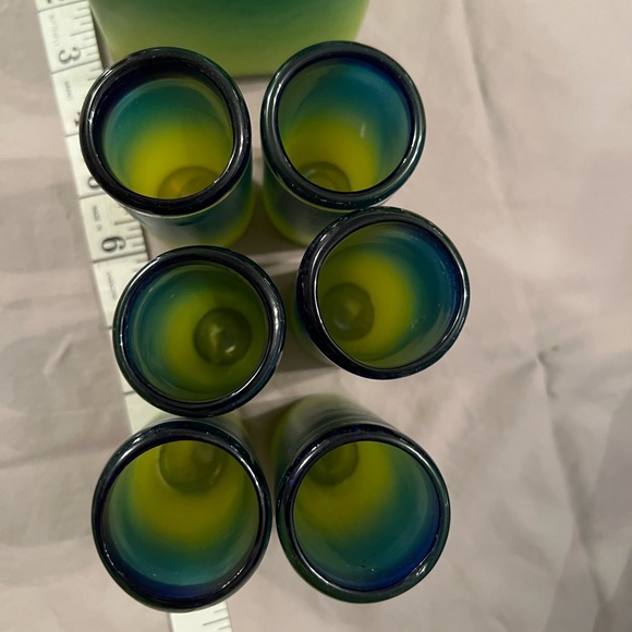 Handblown Mexican Decanter & Shot Glass Set-Painted Ombre Blue/Green/Yellow - Picture 13 of 16